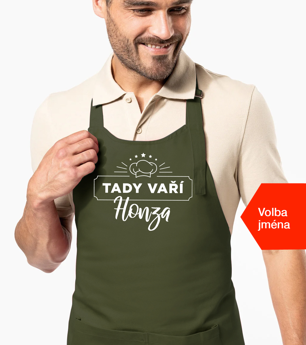 Zástěra pro muže se jménem - Tady vaří.. Barva: Khaki