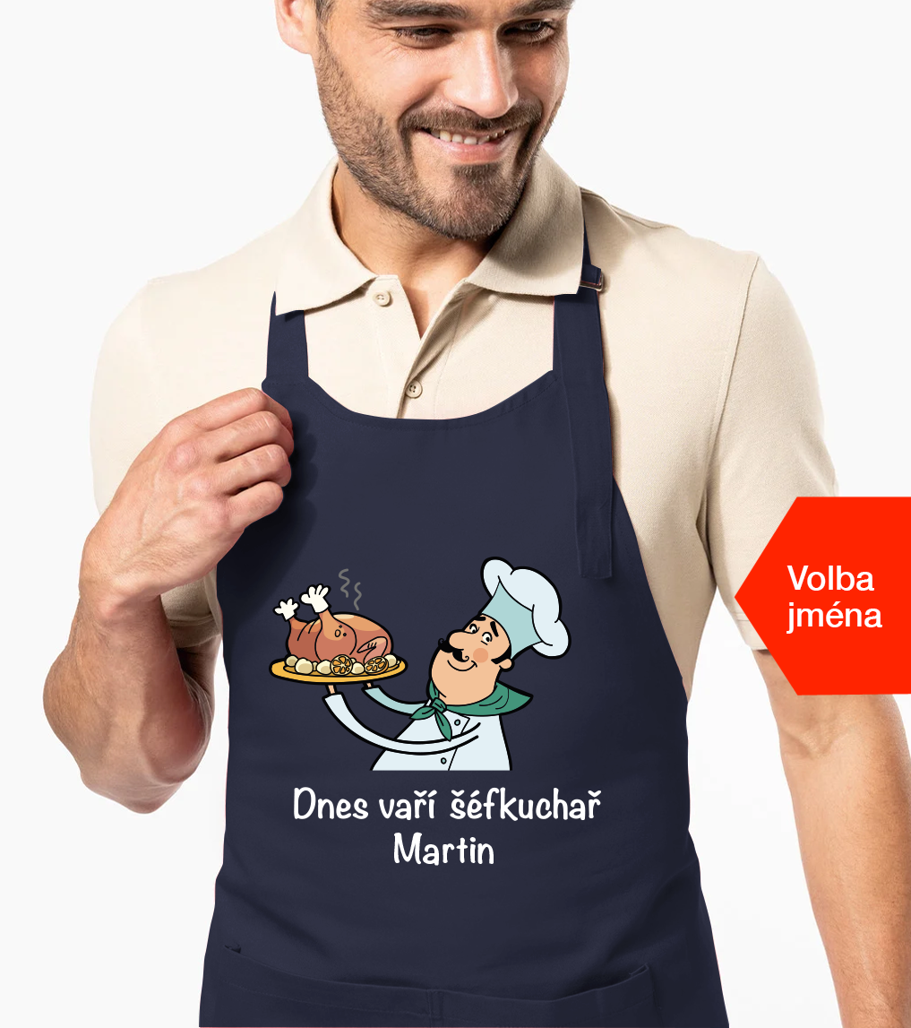 Zástěra pro muže se jménem - Dnes vaří šéfkuchař Barva: Námořní modrá