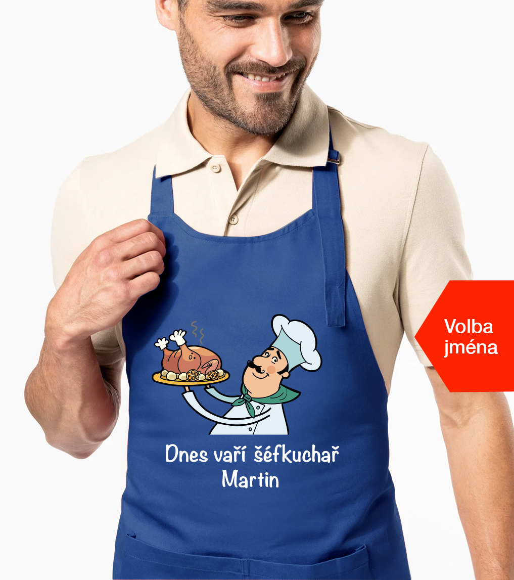 Zástěra pro muže se jménem - Dnes vaří šéfkuchař Barva: Královská modrá