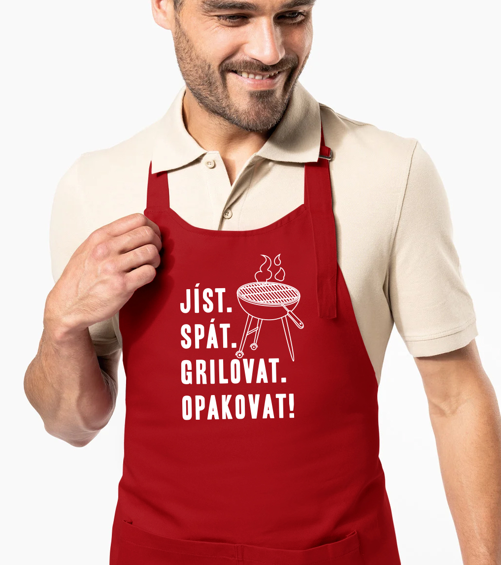 Zástěra na grilování - Jíst. Spát. Grilovat. Opakovat! Barva: Červená