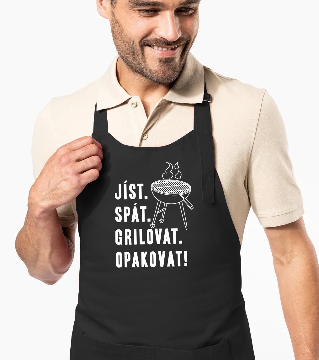 Zástěra na grilování - Jíst. Spát. Grilovat. Opakovat! Barva: Černá