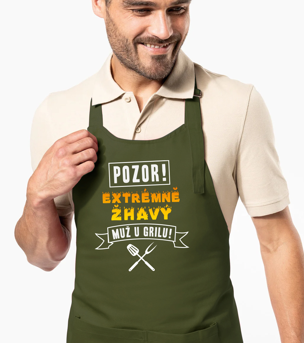 Zástěra na grilování - Pozor! Extrémně žhavý muž u grilu Barva: Khaki