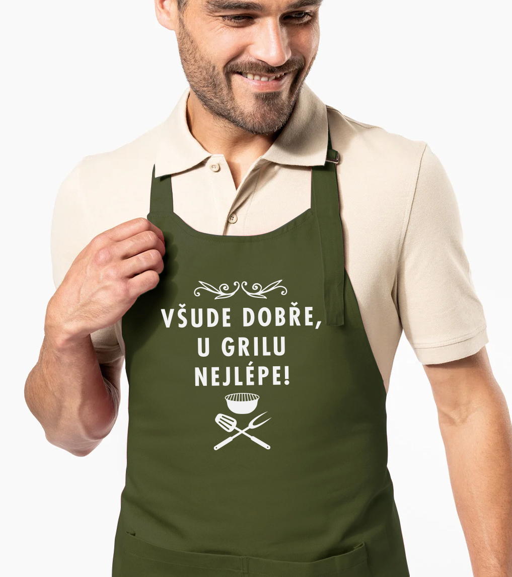 Zástěra na grilování - Všude dobře, u grilu nejlépe! Barva: Khaki