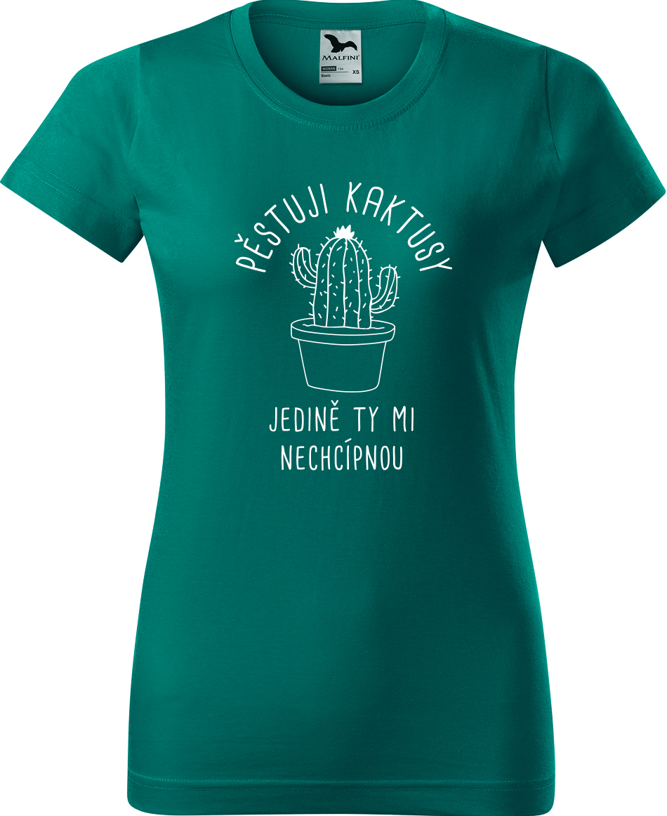 Tričko s kaktusem - Pěstuji kaktusy, jedině ty mi nechcípnou Velikost: M, Barva: Emerald (19), Střih: dámský