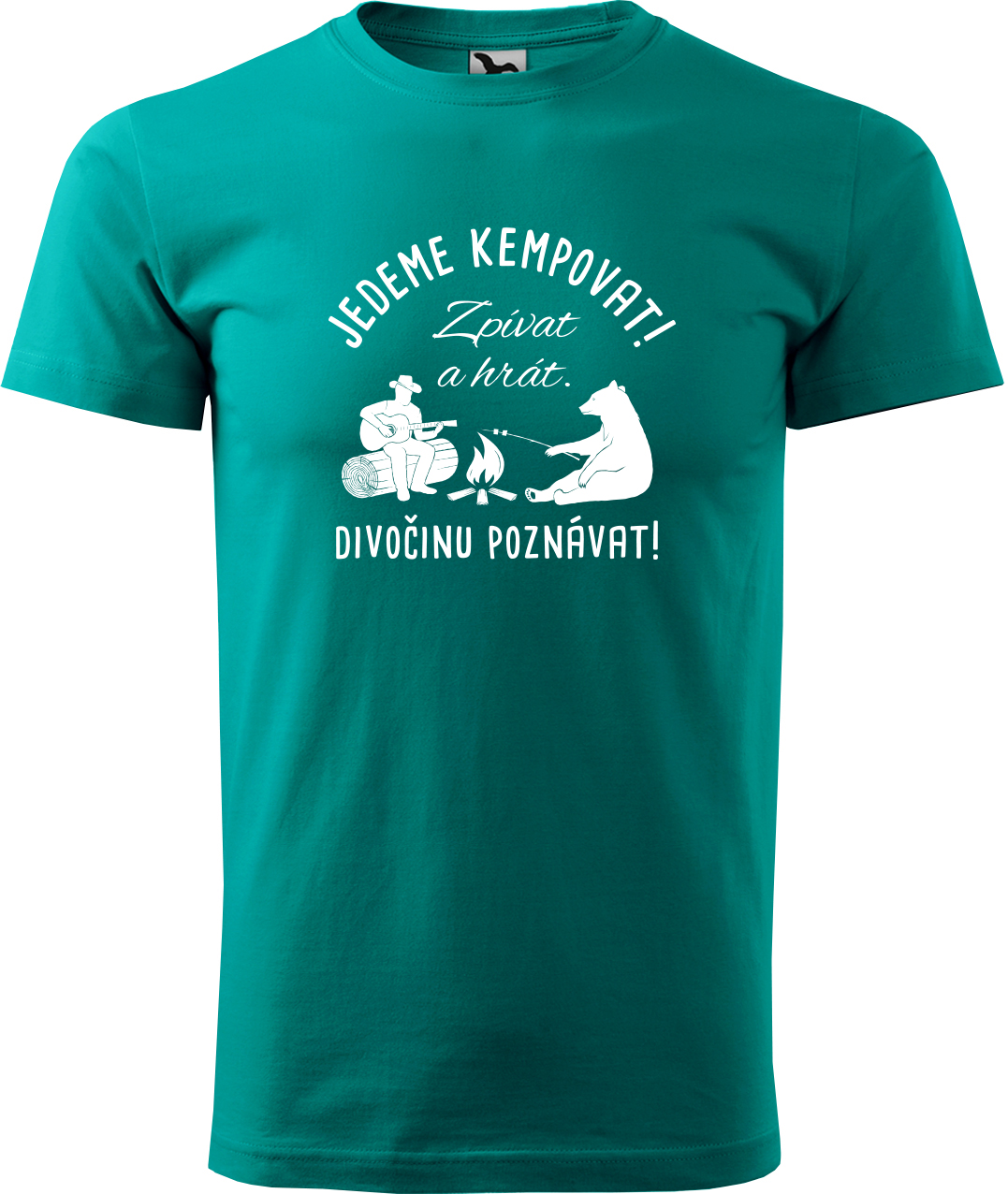 Pánské cestovatelské tričko - Jedeme kempovat! Divočinu poznávat! Velikost: L, Barva: Emerald (19), Střih: pánský