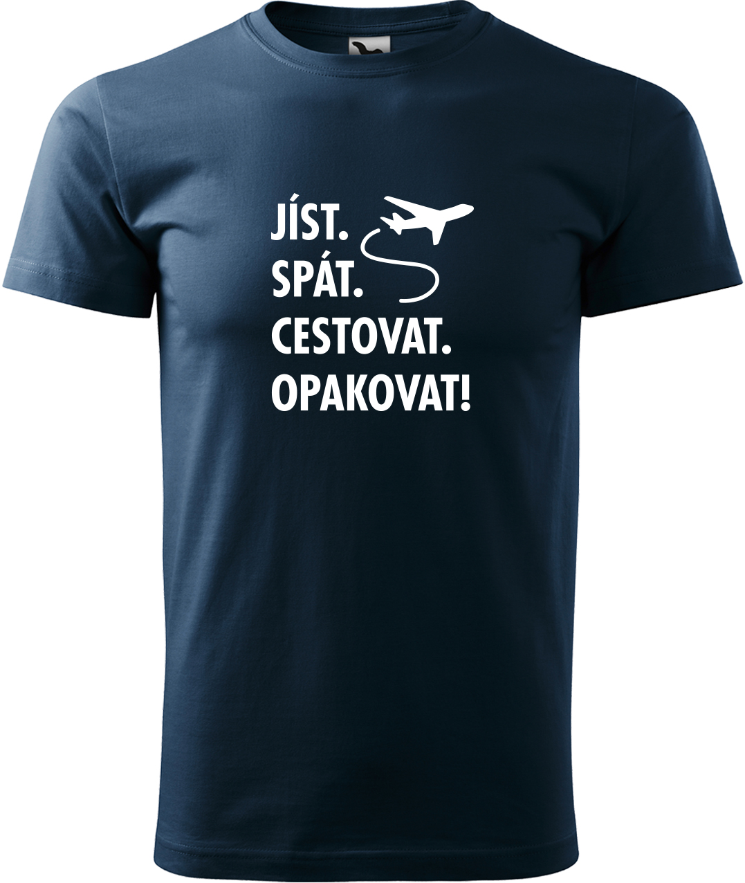 Pánské cestovatelské tričko - Jíst. Spát. Cestovat. Opakovat! Velikost: L, Barva: Námořní modrá (02), Střih: pánský