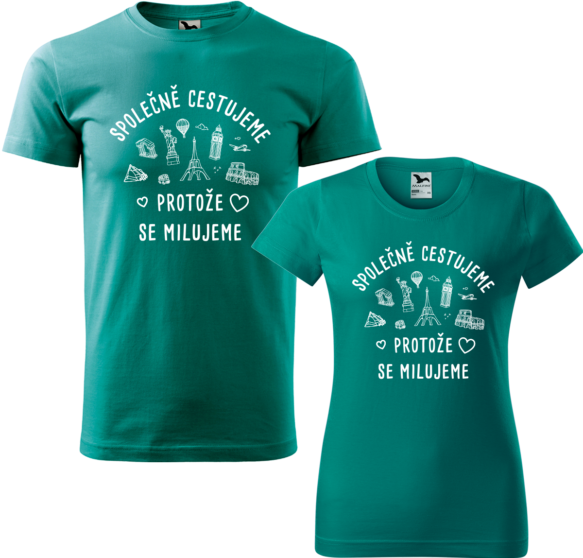 Tričko pro páry - Společně cestujeme protože se milujeme Barva: Emerald (19), Velikost dámské tričko: S, Velikost pánské tričko: S