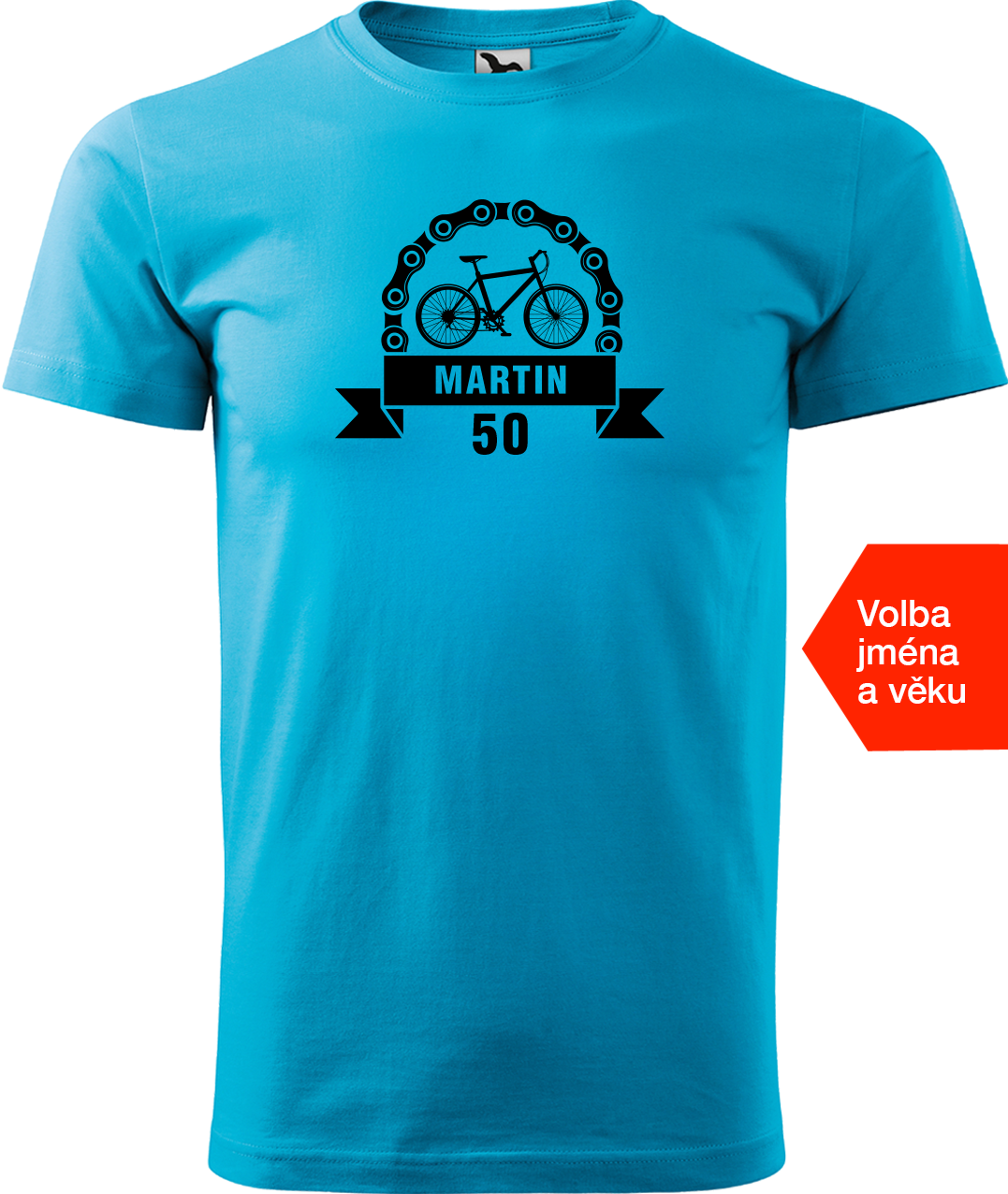 Pánské tričko pro cyklistu se jménem a věkem - Blahopřání Velikost: L, Barva: Tyrkysová (44)