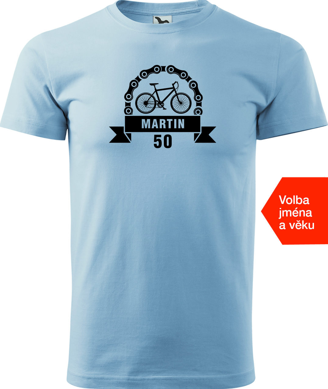 Pánské tričko pro cyklistu se jménem a věkem - Blahopřání Velikost: XL, Barva: Nebesky modrá (15)