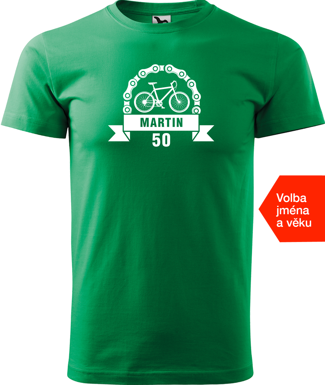 Pánské tričko pro cyklistu se jménem a věkem - Blahopřání Velikost: S, Barva: Středně zelená (16)