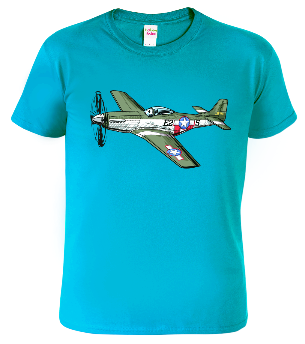Tričko s letadlem - P-51 Mustang Velikost: XL, Barva: Tyrkysová (44)