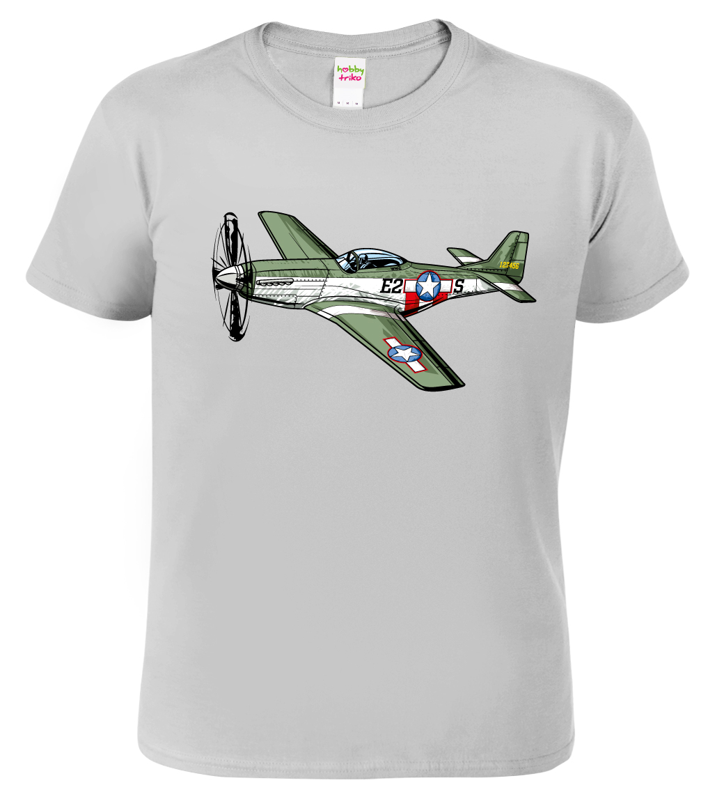 Tričko s letadlem - P-51 Mustang Velikost: XL, Barva: Světle šedý melír (03)