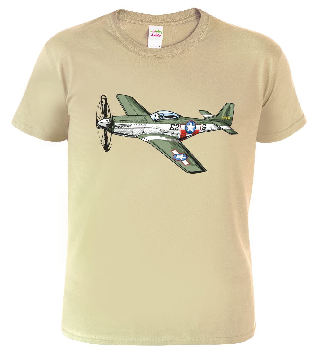 Tričko s letadlem - P-51 Mustang Velikost: M, Barva: Béžová (51)