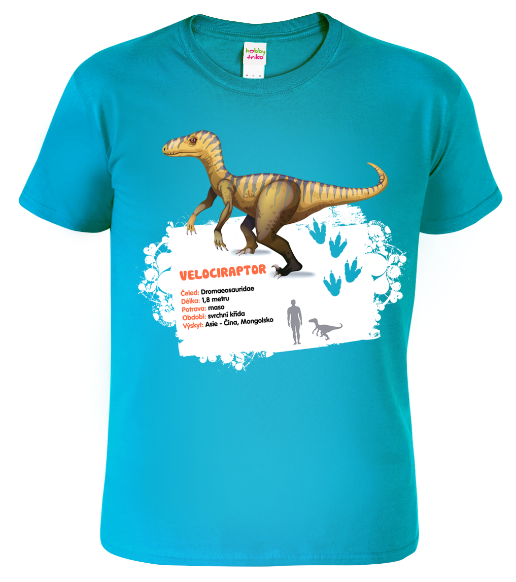 Dětské tričko s dinosaurem - Velociraptor Velikost: 4 roky / 110 cm, Barva: Tyrkysová (44)
