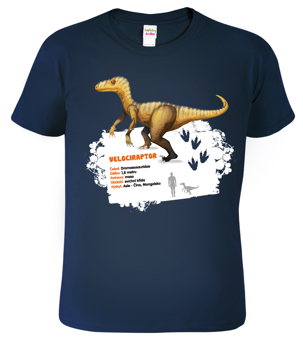 Dětské tričko s dinosaurem - Velociraptor Velikost: 4 roky / 110 cm, Barva: Námořní modrá (02)