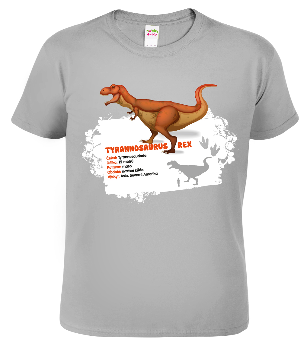 Dětské tričko s dinosaurem - Tyrannosaurus Rex Velikost: 4 roky / 110 cm, Barva: Světle šedý melír (03)