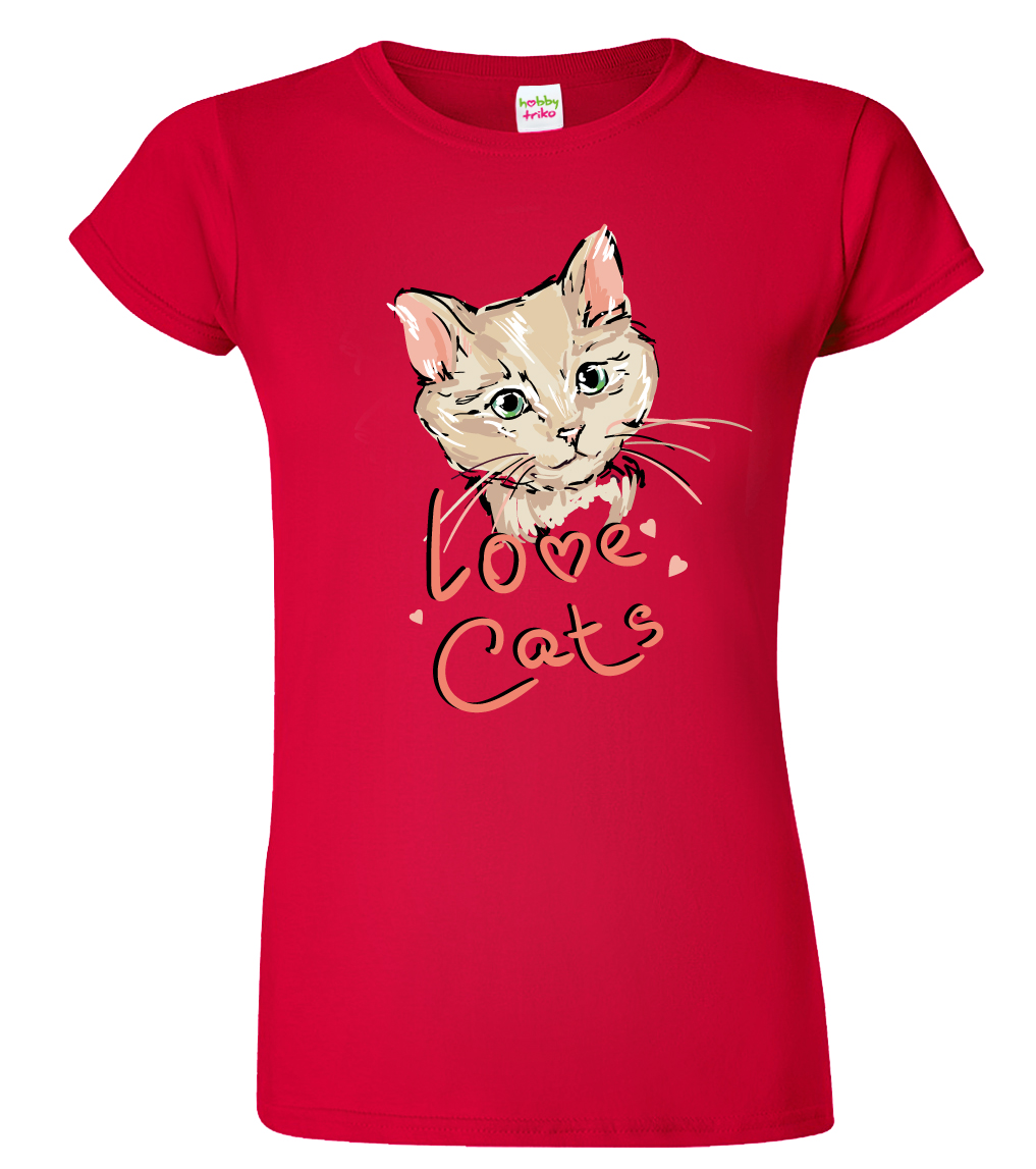 Dámské tričko s kočkou - Love Cats Velikost: M, Barva: Červená (07)