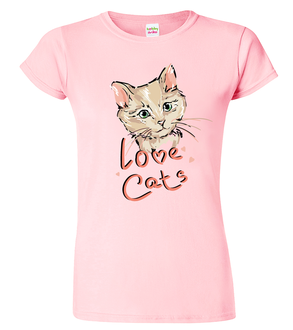 Dámské tričko s kočkou - Love Cats Velikost: M, Barva: Růžová (30)
