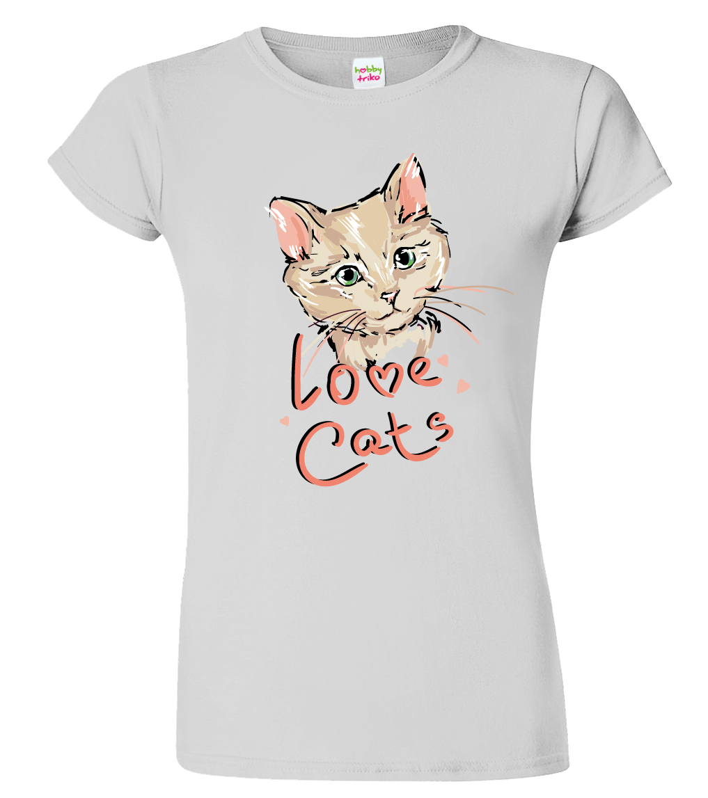 Dámské tričko s kočkou - Love Cats Velikost: L, Barva: Světle šedý melír (03)