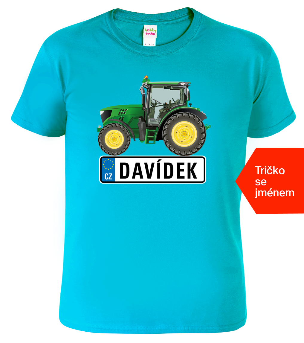Dětské tričko s traktorem a jménem - Traktor SPZ Velikost: 4 roky / 110 cm, Barva: Tyrkysová (44)