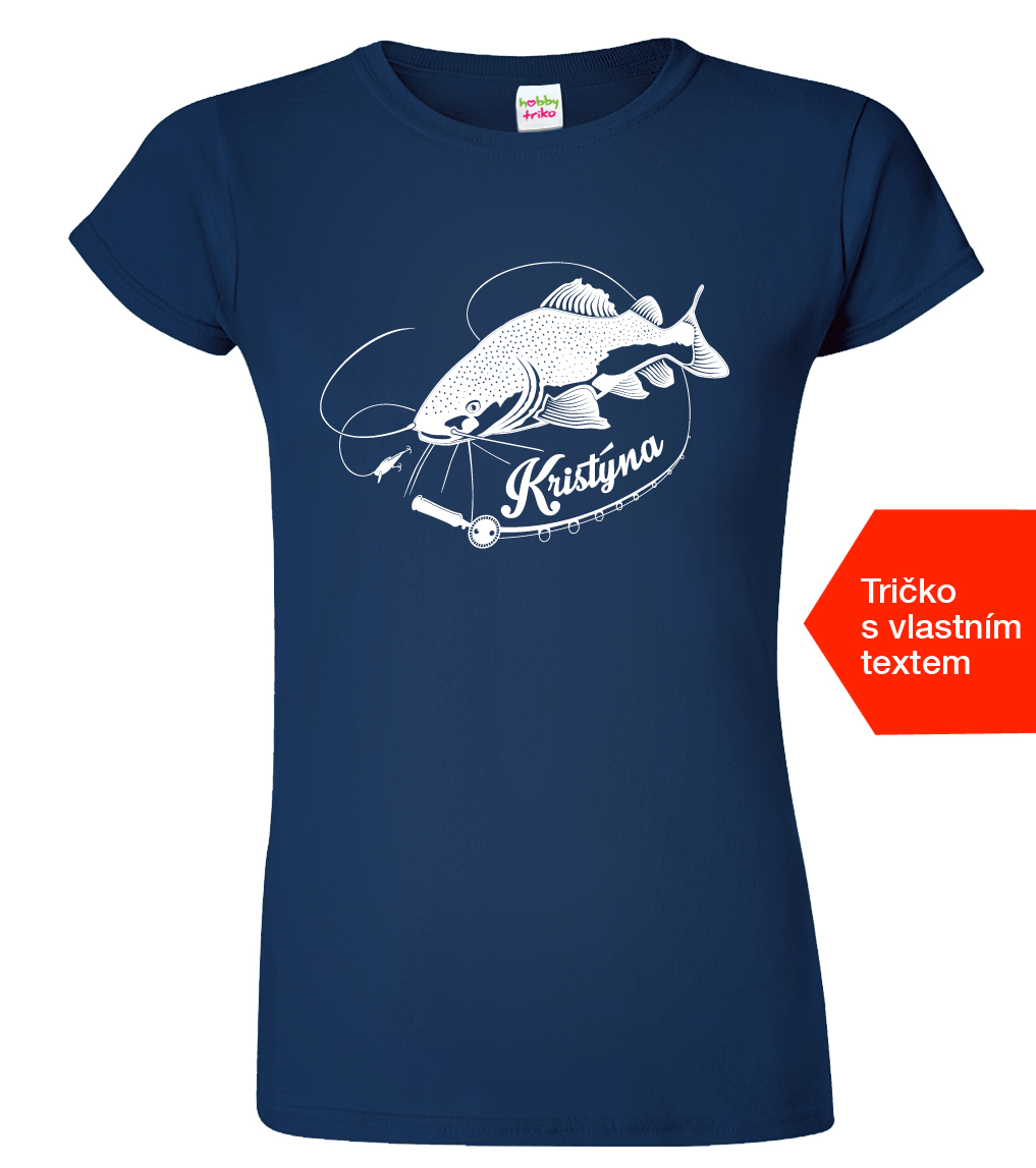 Dámské rybářské tričko se jménem - Sumec velký Velikost: L, Barva: Námořní modrá (02)