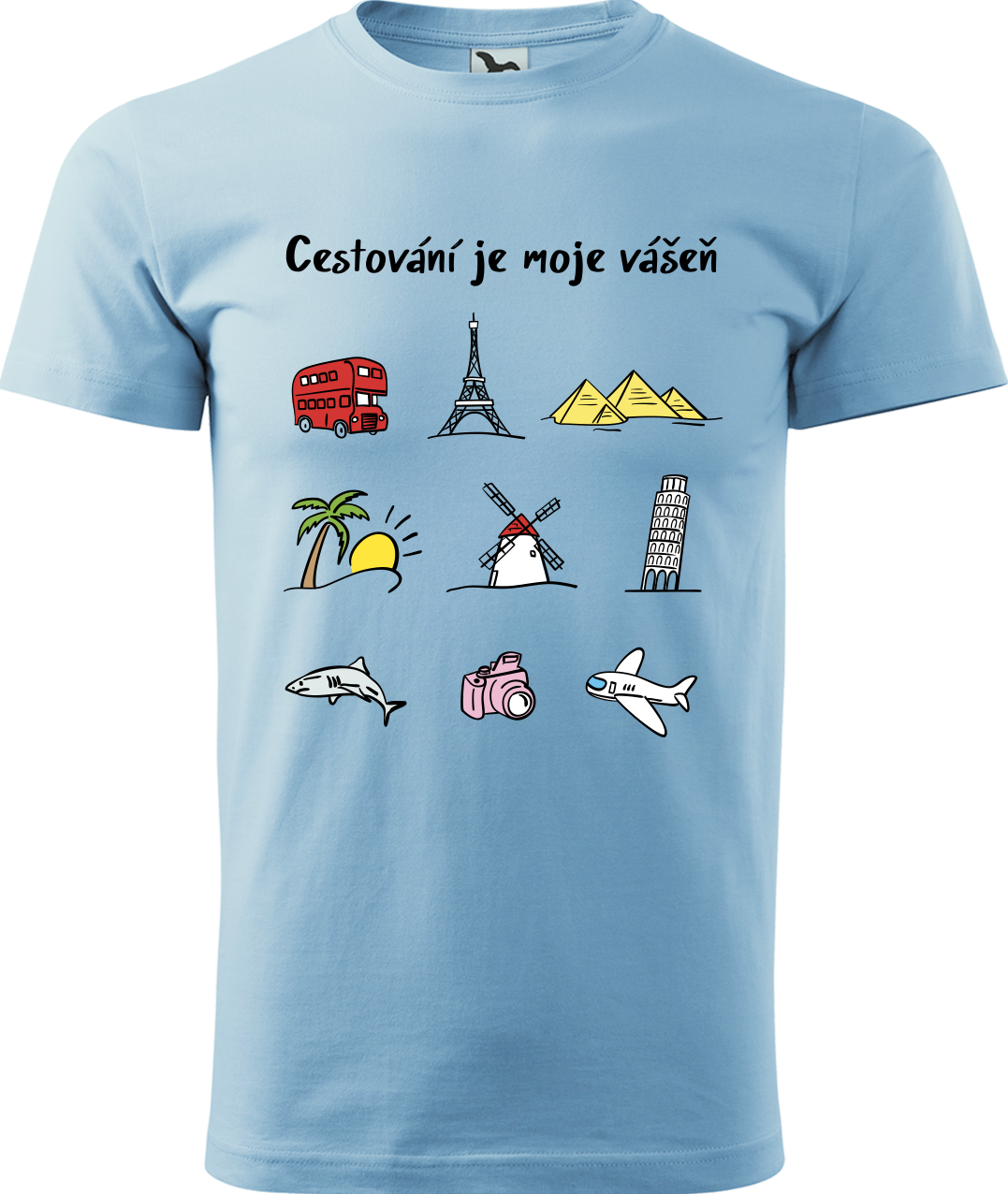 Pánské cestovatelské tričko - Cestování je moje vášeň (barevná kresba) Velikost: M, Barva: Nebesky modrá (15)