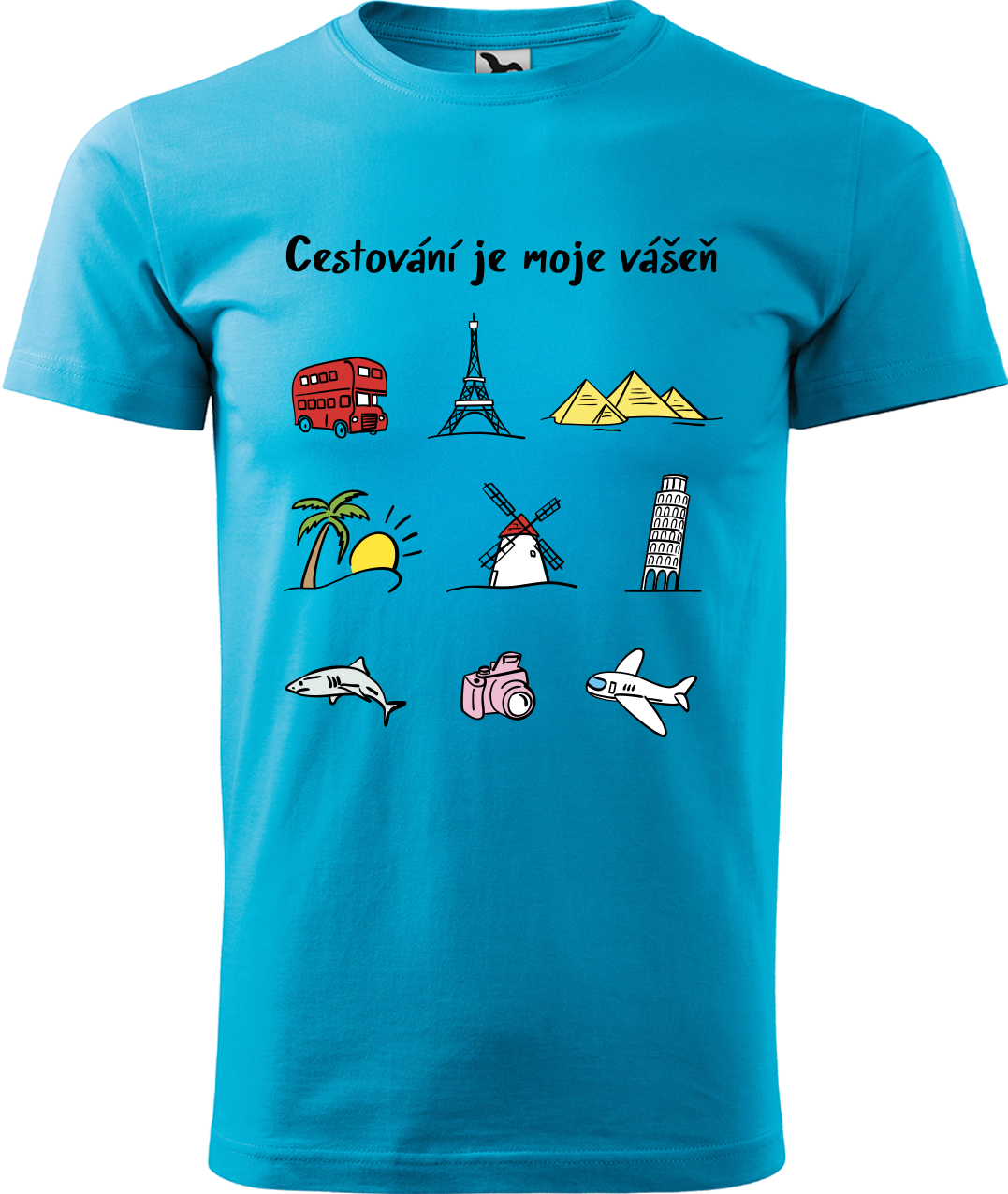 Pánské cestovatelské tričko - Cestování je moje vášeň (barevná kresba) Velikost: M, Barva: Tyrkysová (44)