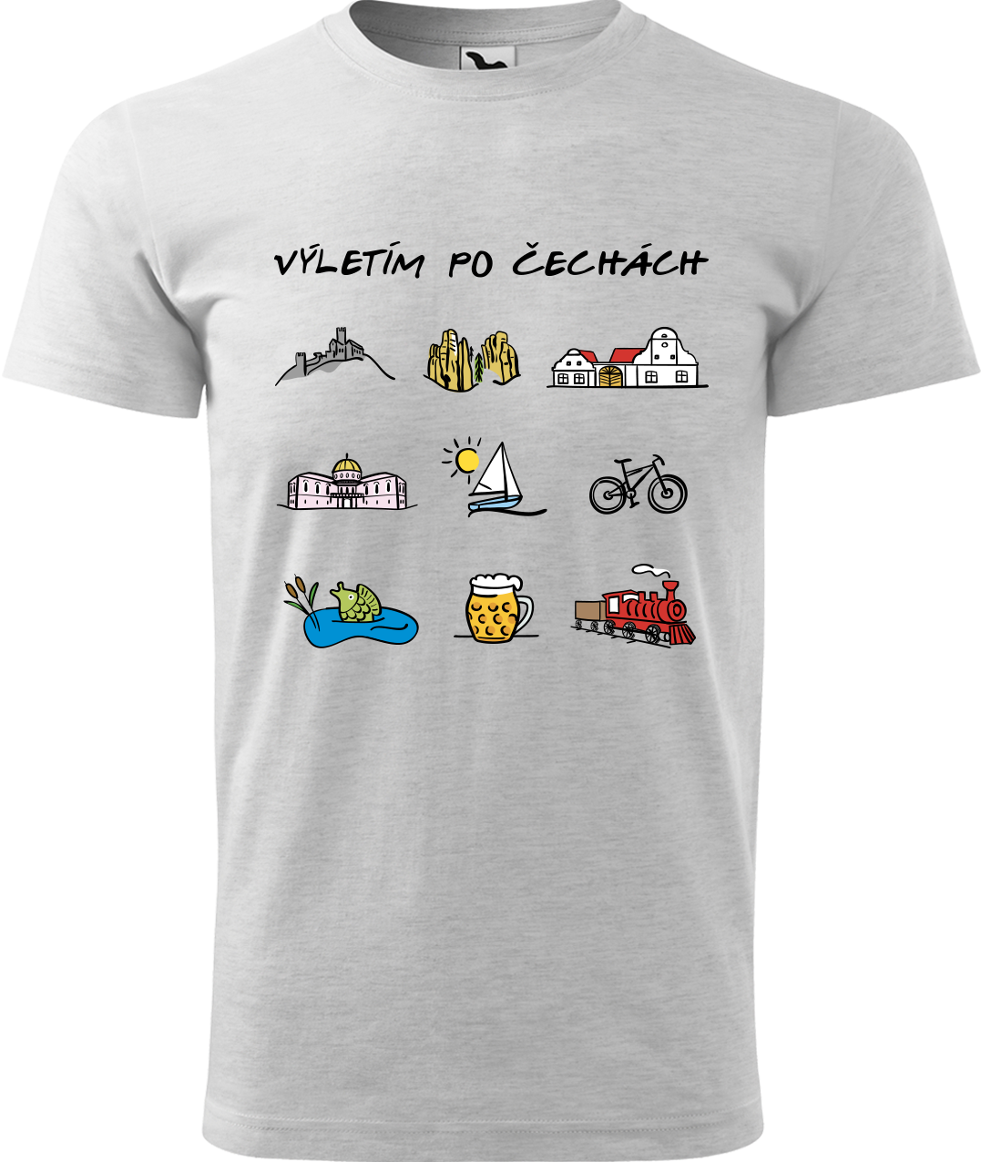Pánské cestovatelské tričko - Výletím po Čechách (barevná kresba) Velikost: XL, Barva: Světle šedý melír (03)