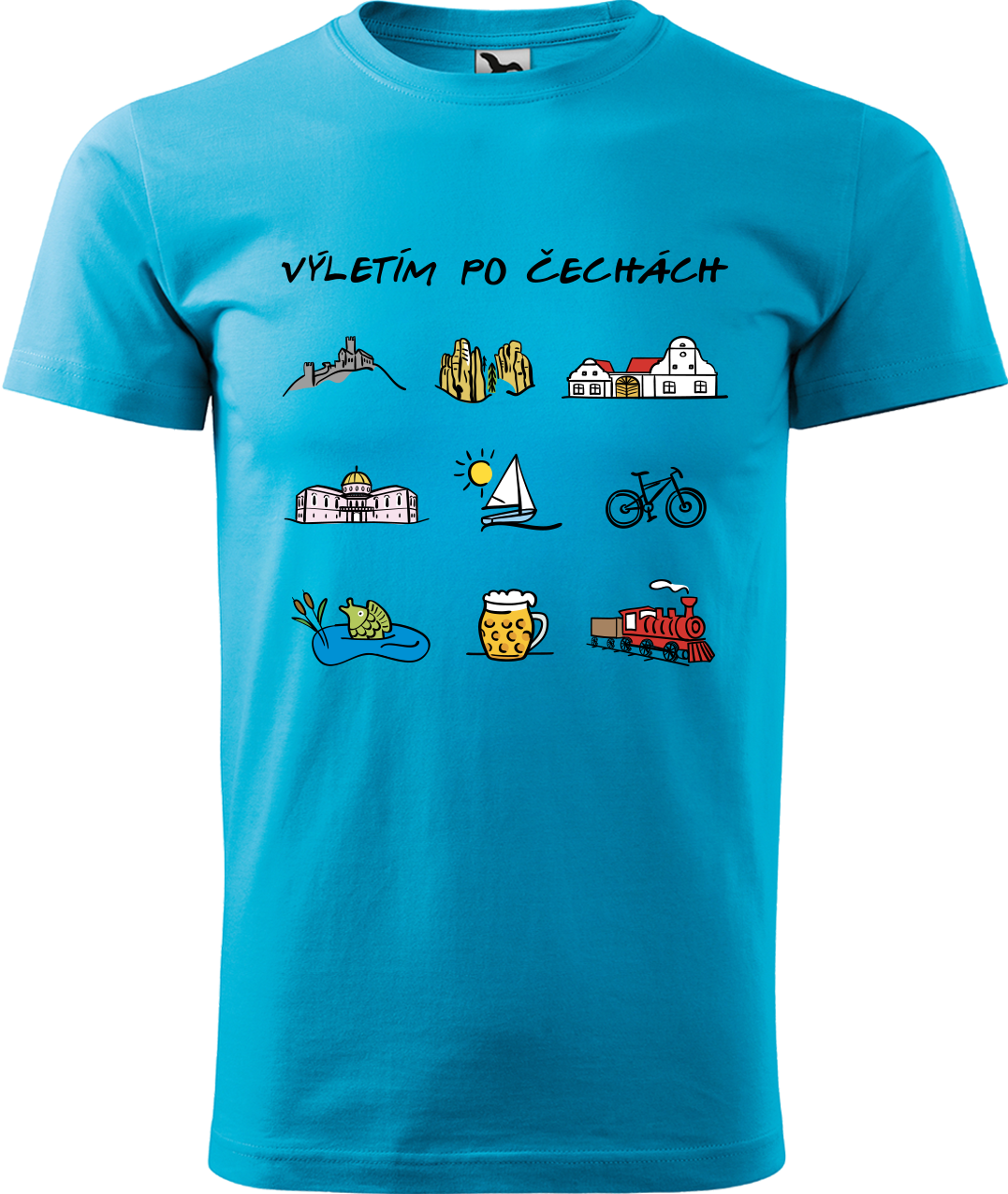 Pánské cestovatelské tričko - Výletím po Čechách (barevná kresba) Velikost: XL, Barva: Tyrkysová (44)