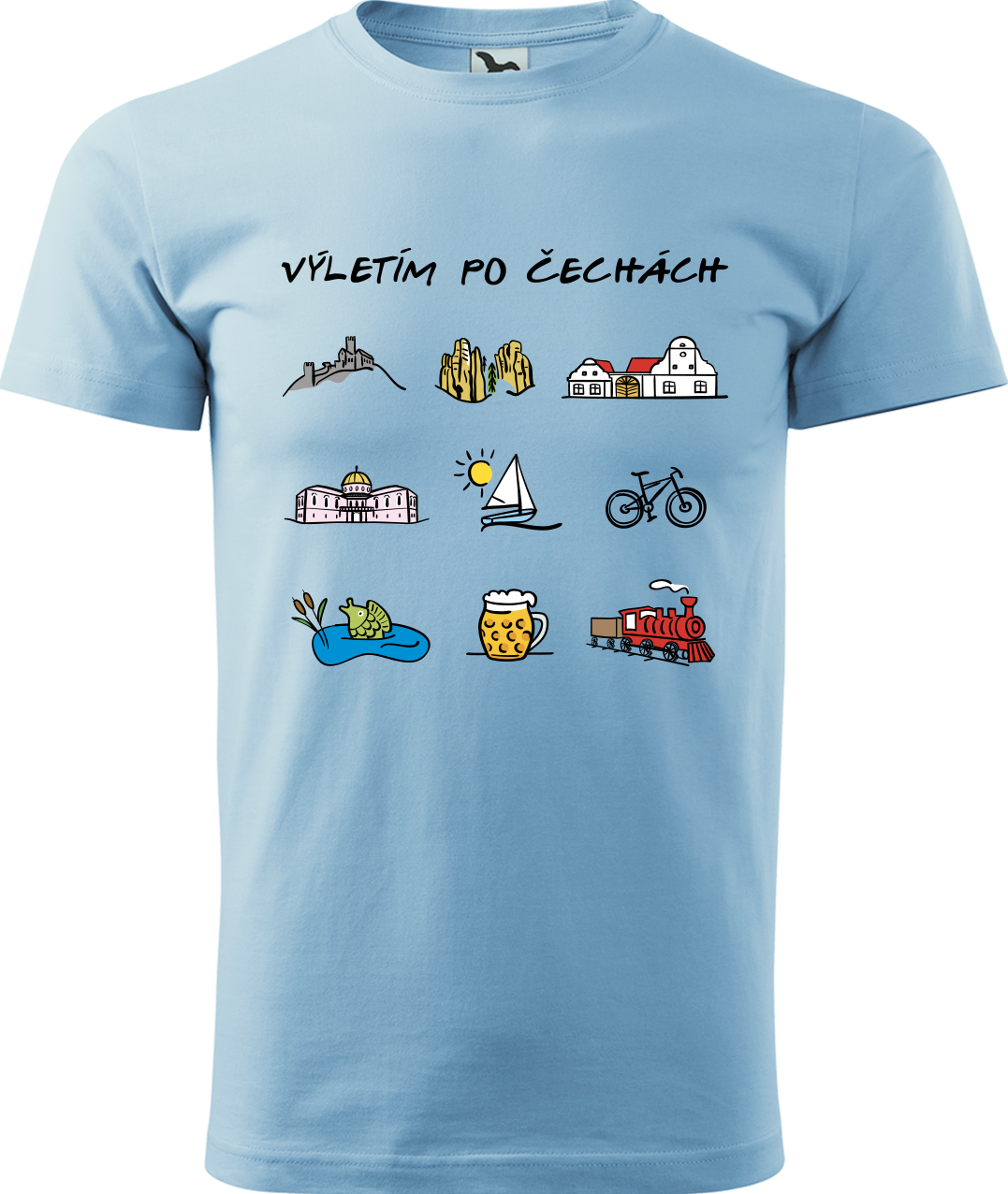 Pánské cestovatelské tričko - Výletím po Čechách (barevná kresba) Velikost: S, Barva: Nebesky modrá (15)