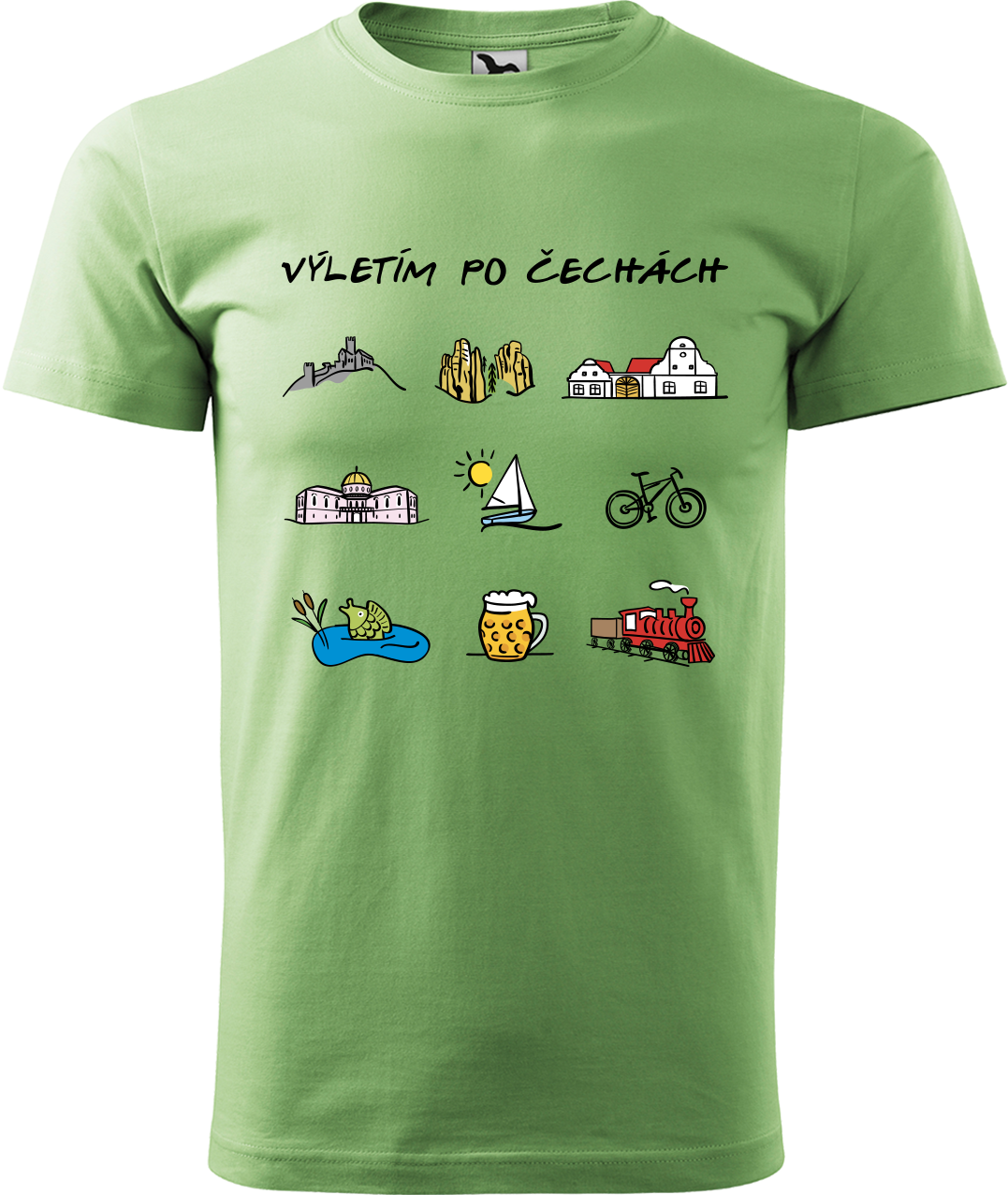 Pánské cestovatelské tričko - Výletím po Čechách (barevná kresba) Velikost: M, Barva: Trávově zelená (39)