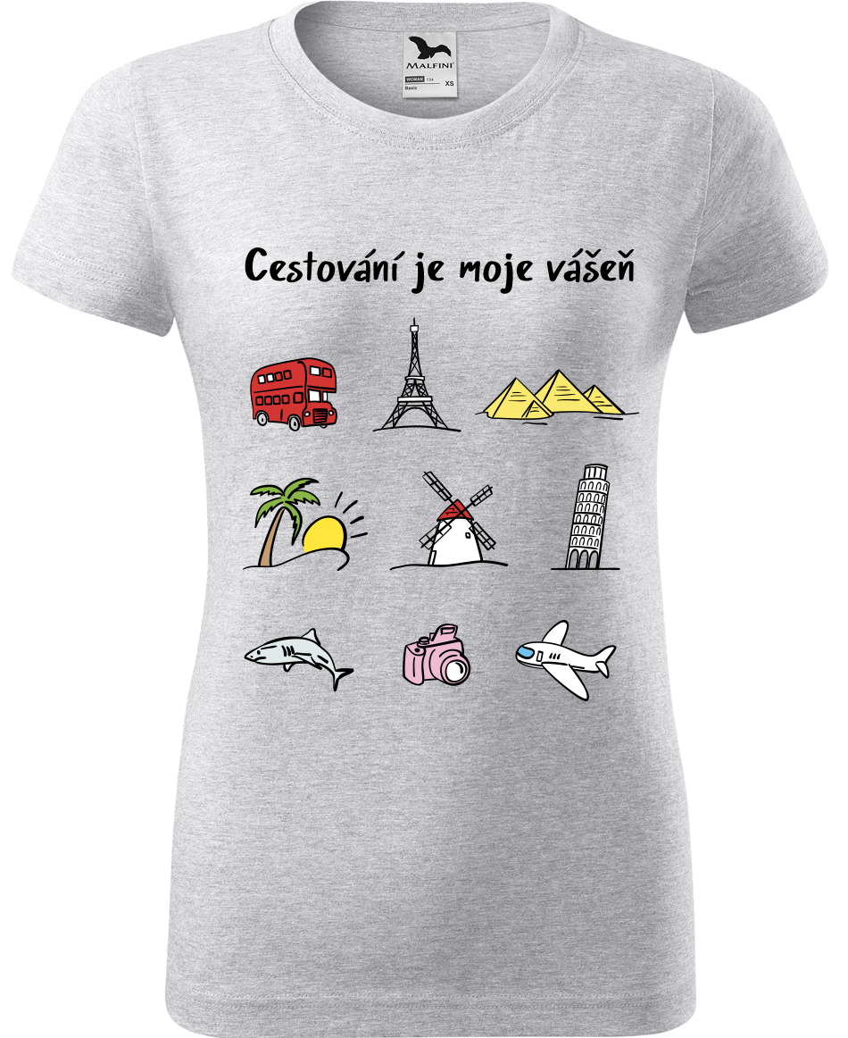 Dámské cestovatelské tričko - Cestování je moje vášeň (barevná kresba) Velikost: XL, Barva: Světle šedý melír (03)