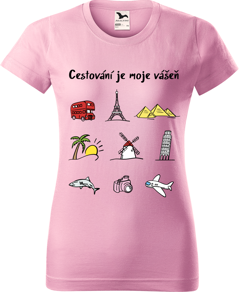 Dámské cestovatelské tričko - Cestování je moje vášeň (barevná kresba) Velikost: XL, Barva: Růžová (30)
