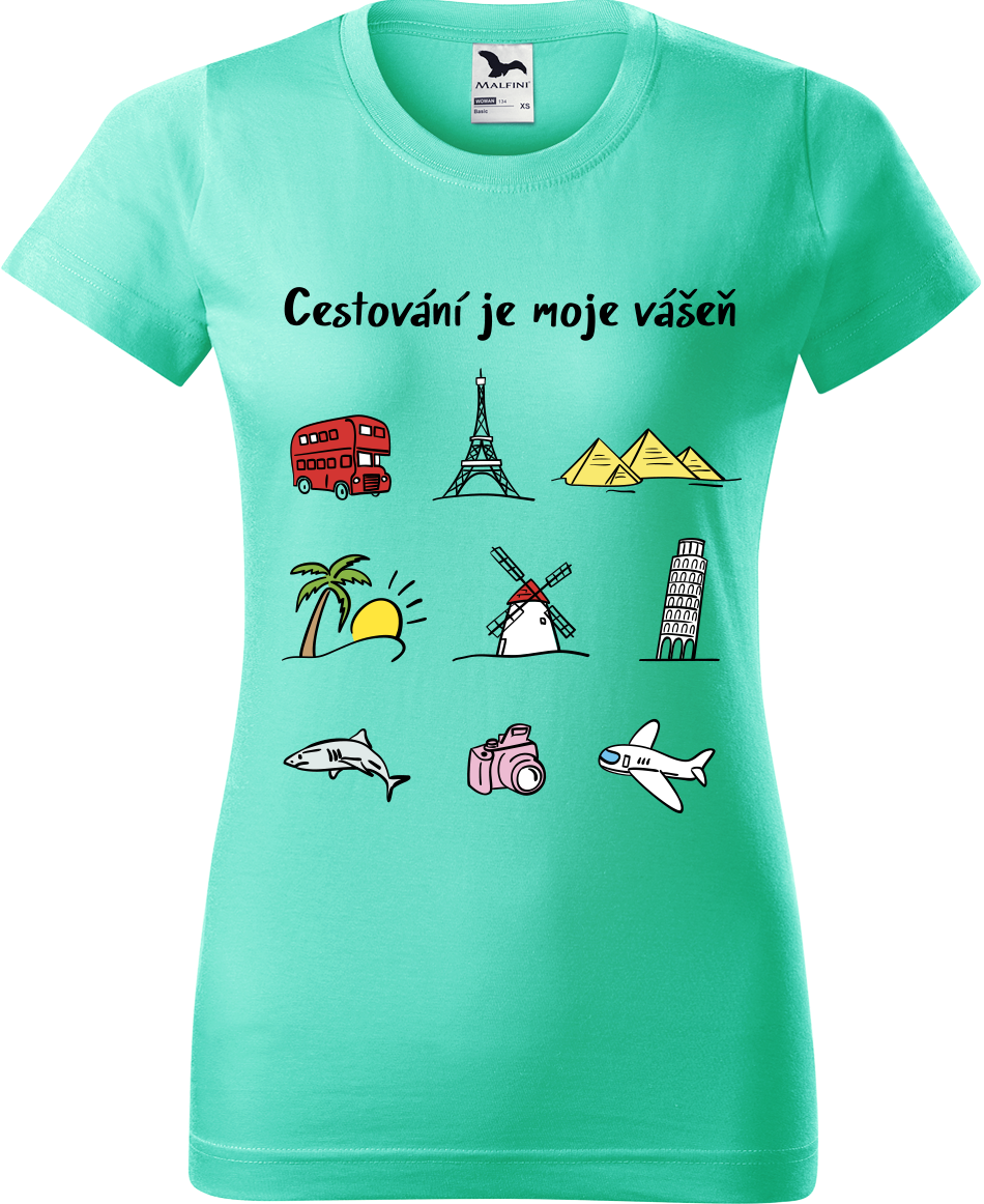 Dámské cestovatelské tričko - Cestování je moje vášeň (barevná kresba) Velikost: L, Barva: Mátová (95)