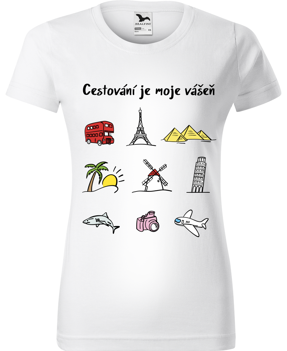 Dámské cestovatelské tričko - Cestování je moje vášeň (barevná kresba) Velikost: L, Barva: Bílá (00)