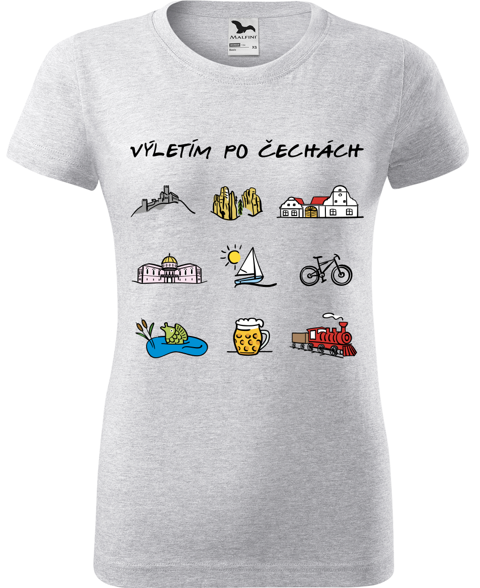 Dámské cestovatelské tričko - Výletím po Čechách (barevná kresba) Velikost: XL, Barva: Světle šedý melír (03)
