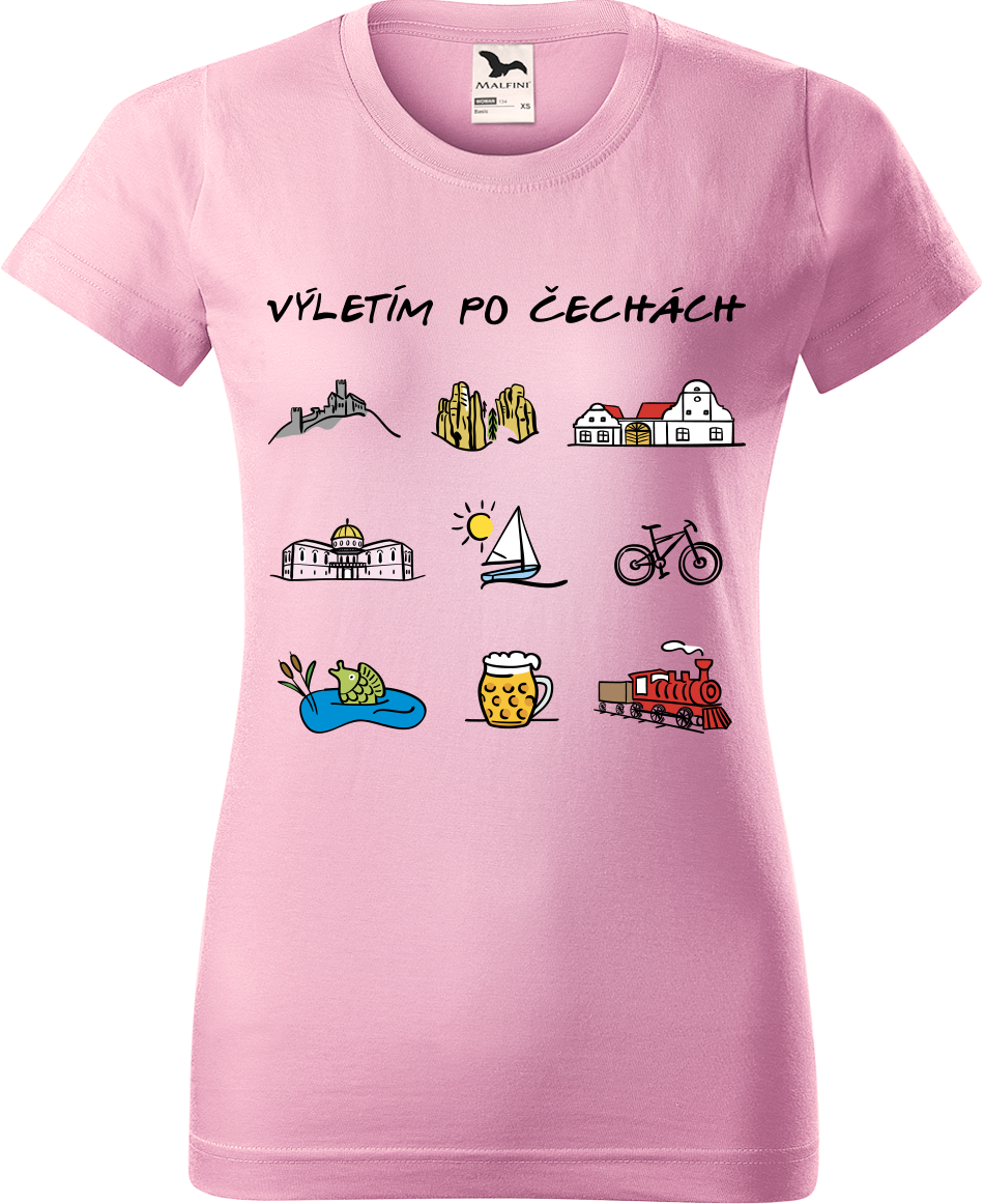 Dámské cestovatelské tričko - Výletím po Čechách (barevná kresba) Velikost: L, Barva: Růžová (30)