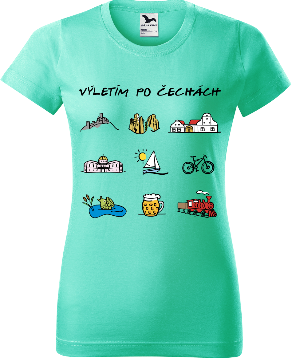Dámské cestovatelské tričko - Výletím po Čechách (barevná kresba) Velikost: L, Barva: Mátová (95)