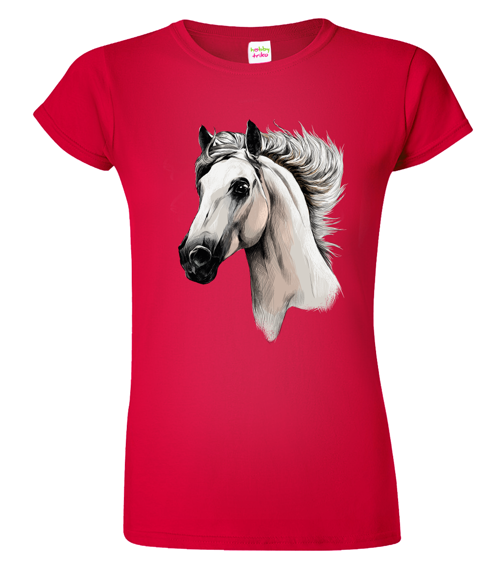 Dámské tričko s koněm - Bělouš Velikost: L, Barva: Červená (07)