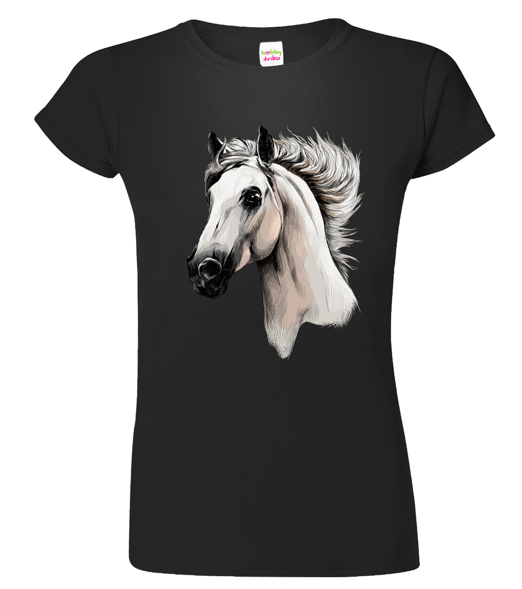 Dámské tričko s koněm - Bělouš Velikost: L, Barva: Černá (01)