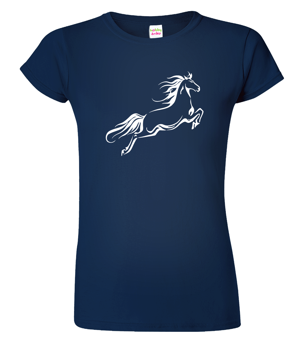 Dámské tričko s koněm - Kůň ve skoku Velikost: XL, Barva: Námořní modrá (02)