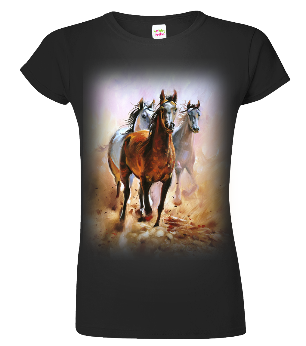 Dámské tričko s koněm - Malované koně Velikost: S, Barva: Černá (01)