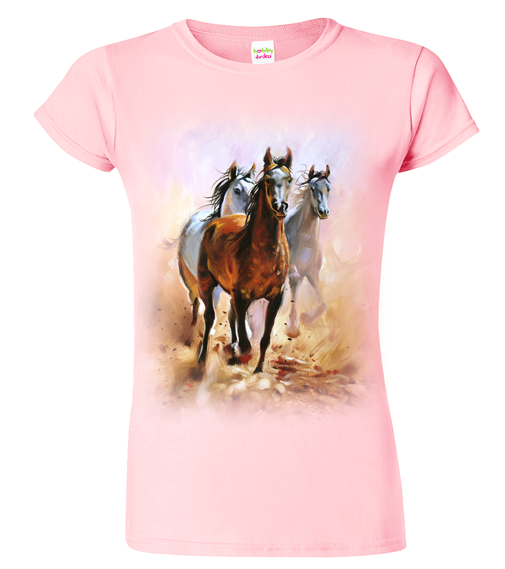 Dámské tričko s koněm - Malované koně Velikost: XL, Barva: Růžová (30)