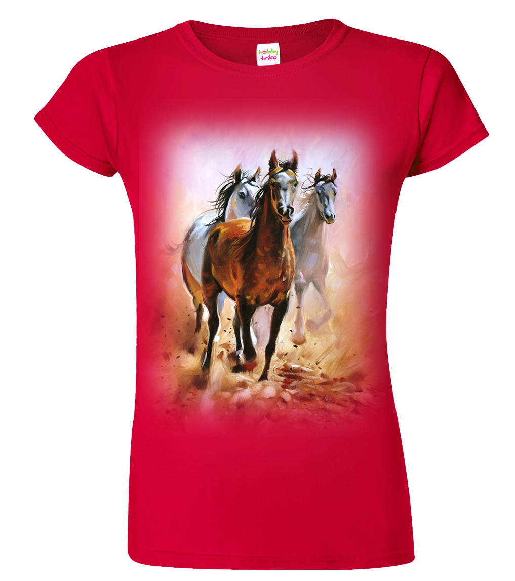 Dámské tričko s koněm - Malované koně Velikost: M, Barva: Červená (07)