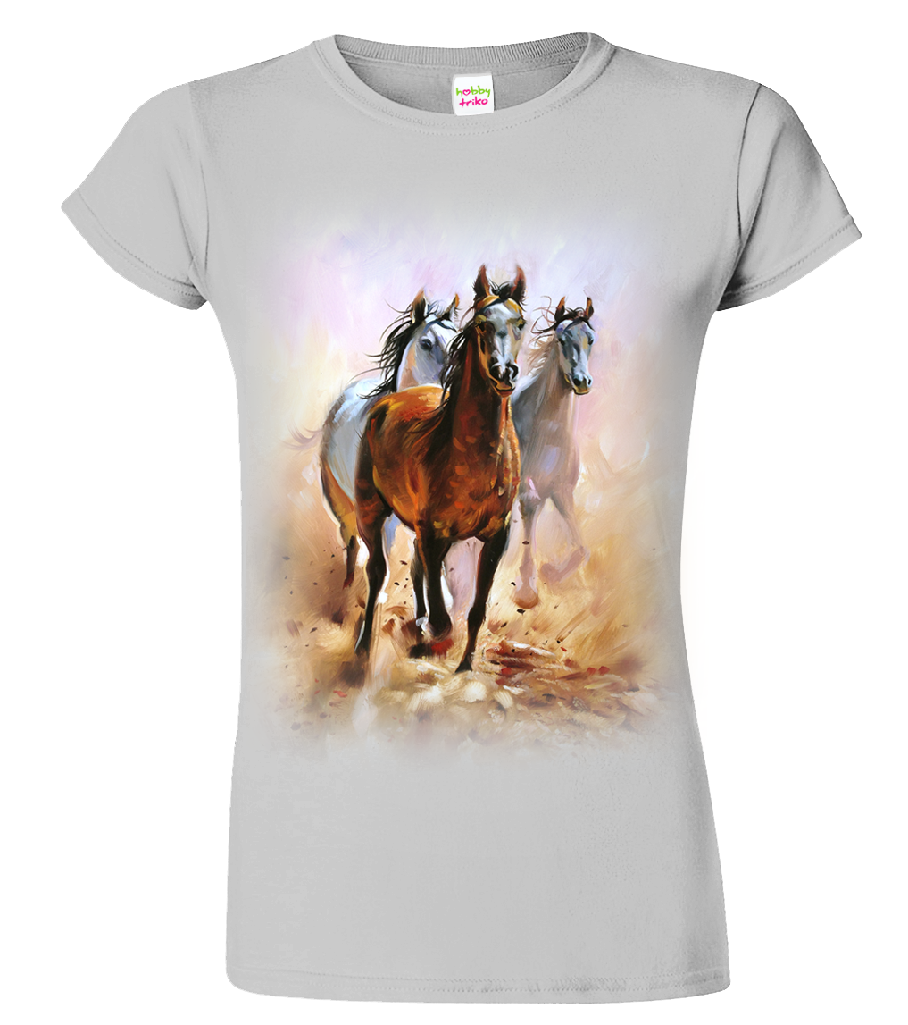 Dámské tričko s koněm - Malované koně Velikost: M, Barva: Světle šedý melír (03)