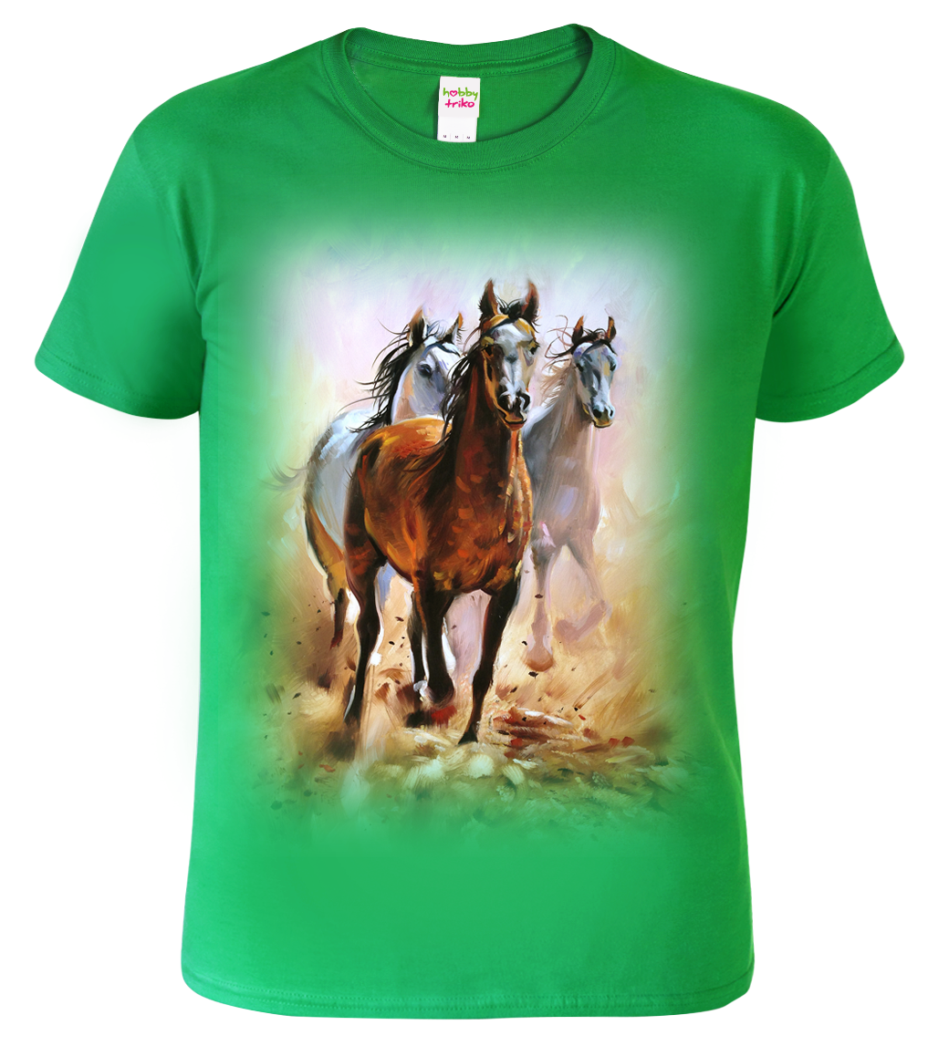 Dětské tričko s koněm - Malované koně Velikost: 10 let / 146 cm, Barva: Středně zelená (16)