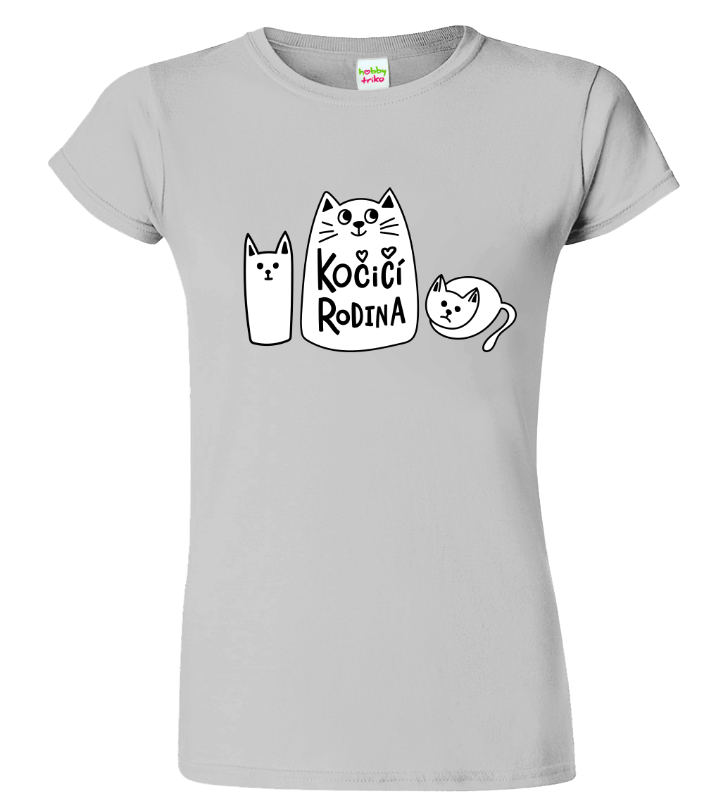 Dámské tričko s kočkou - Kočičí rodina Velikost: L, Barva: Světle šedý melír (03)