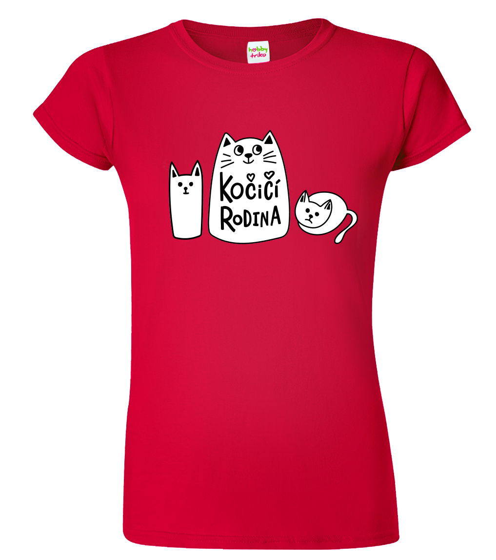 Dámské tričko s kočkou - Kočičí rodina Velikost: S, Barva: Červená (07)