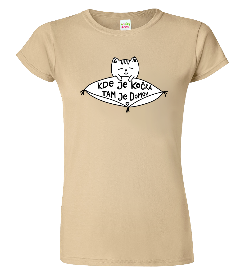 Dámské tričko s kočkou - Kde je kočka tam je domov Velikost: S, Barva: Béžová (51)
