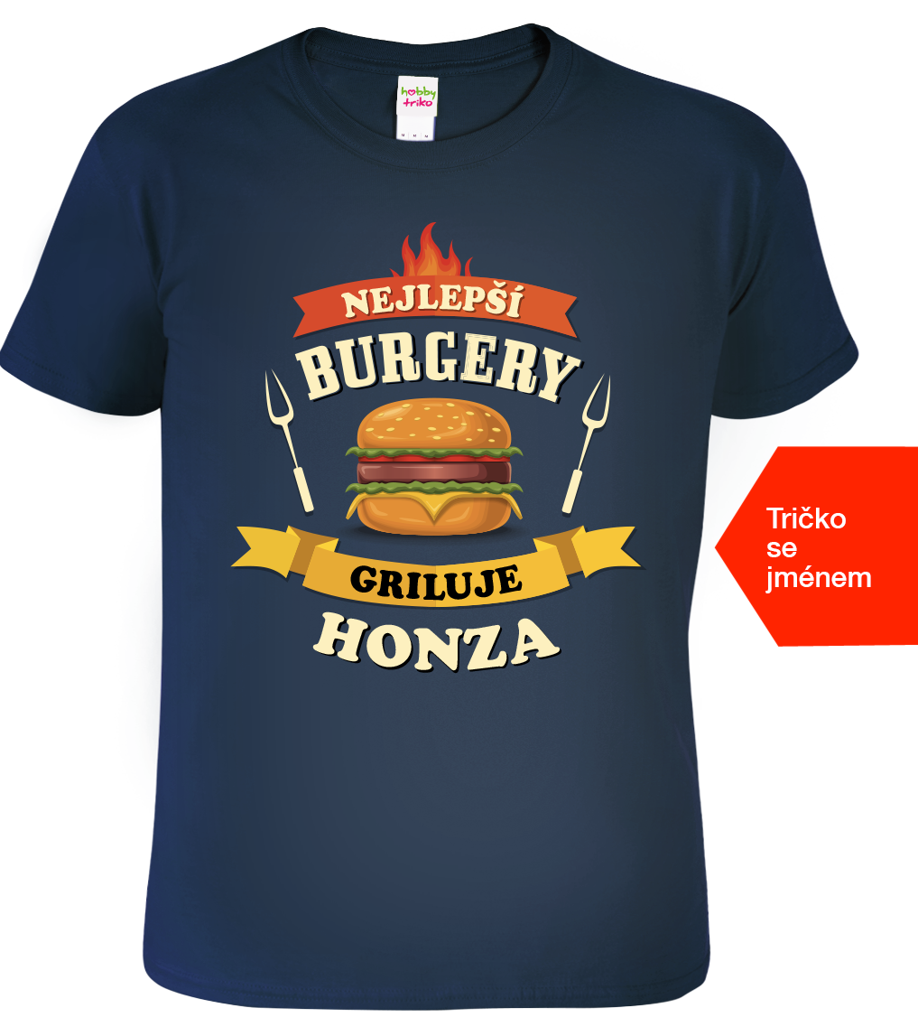 Grilovací tričko - Nejlepší burgery griluje Velikost: S, Barva: Námořní modrá (02)
